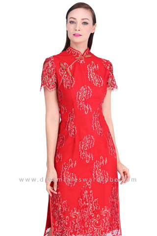Midi Oriental Floral Lace Cheongsam Dress - Red