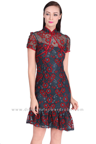 Floral Contrast Lace Oriental Cheongsam Dress - Teal