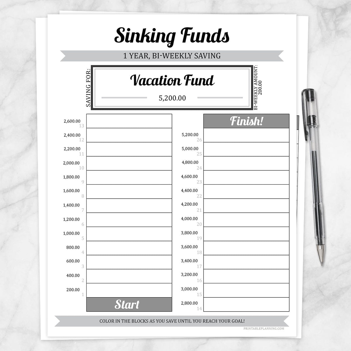Sinking Funds Savings Chart, 1 Year BiWeekly Printable at Printable