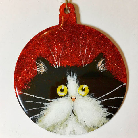 Tuxedo cat on red glitter round ornament