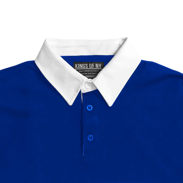 blue polo shirt white collar