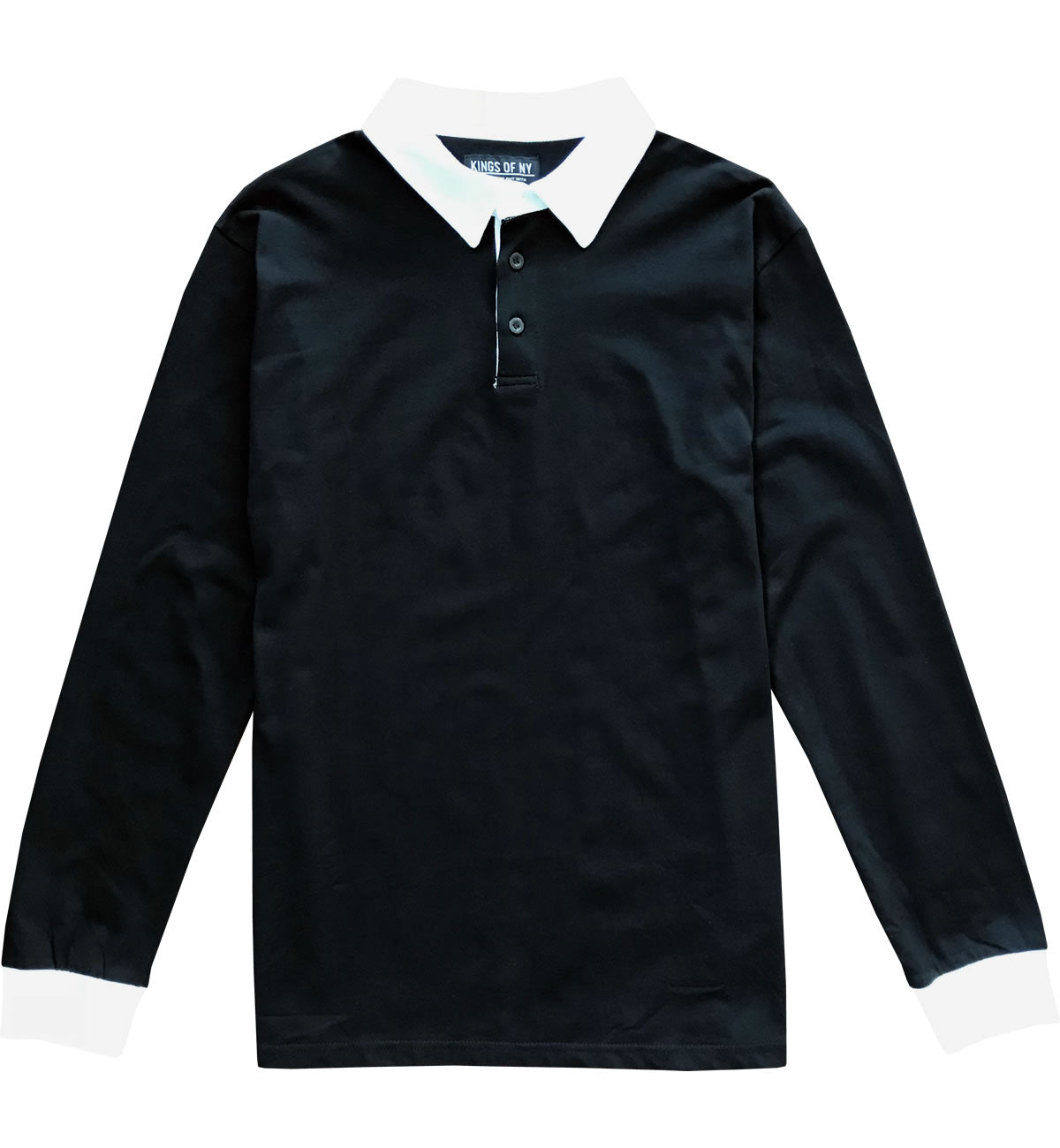 Mens US Basic Black Rugby Shirt Polo White Collar Top Long Sleeve 100% Cotton