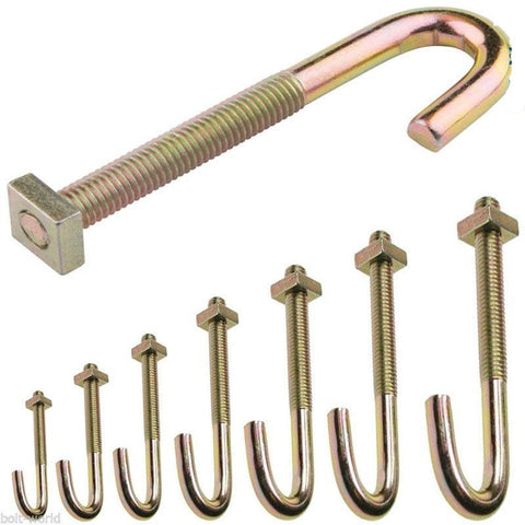 M8 x 120 Hook J Bolt & Nut Yellow Passivated Zinc Plated, YZP
