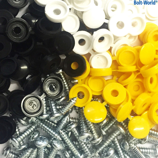 180 BLACK 180 YELLOW 180 WHITE HINGED COVER CAPS & 500 x 1" 8g TAPPING SCREWS 