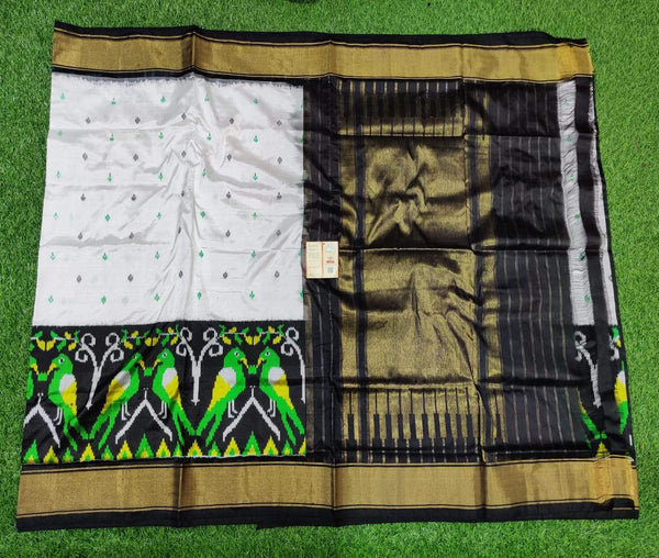 Black and White with Parrot Border Ikkat Silk Saree