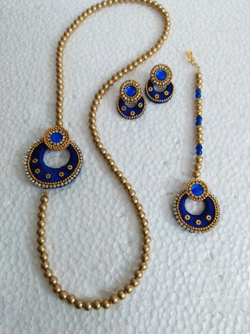 Blue and Golden Beads Silk Thread Jewellery Set