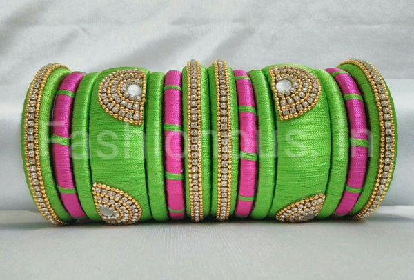 Light Green and Pink Silk Thread Bangle Set-STBS-015