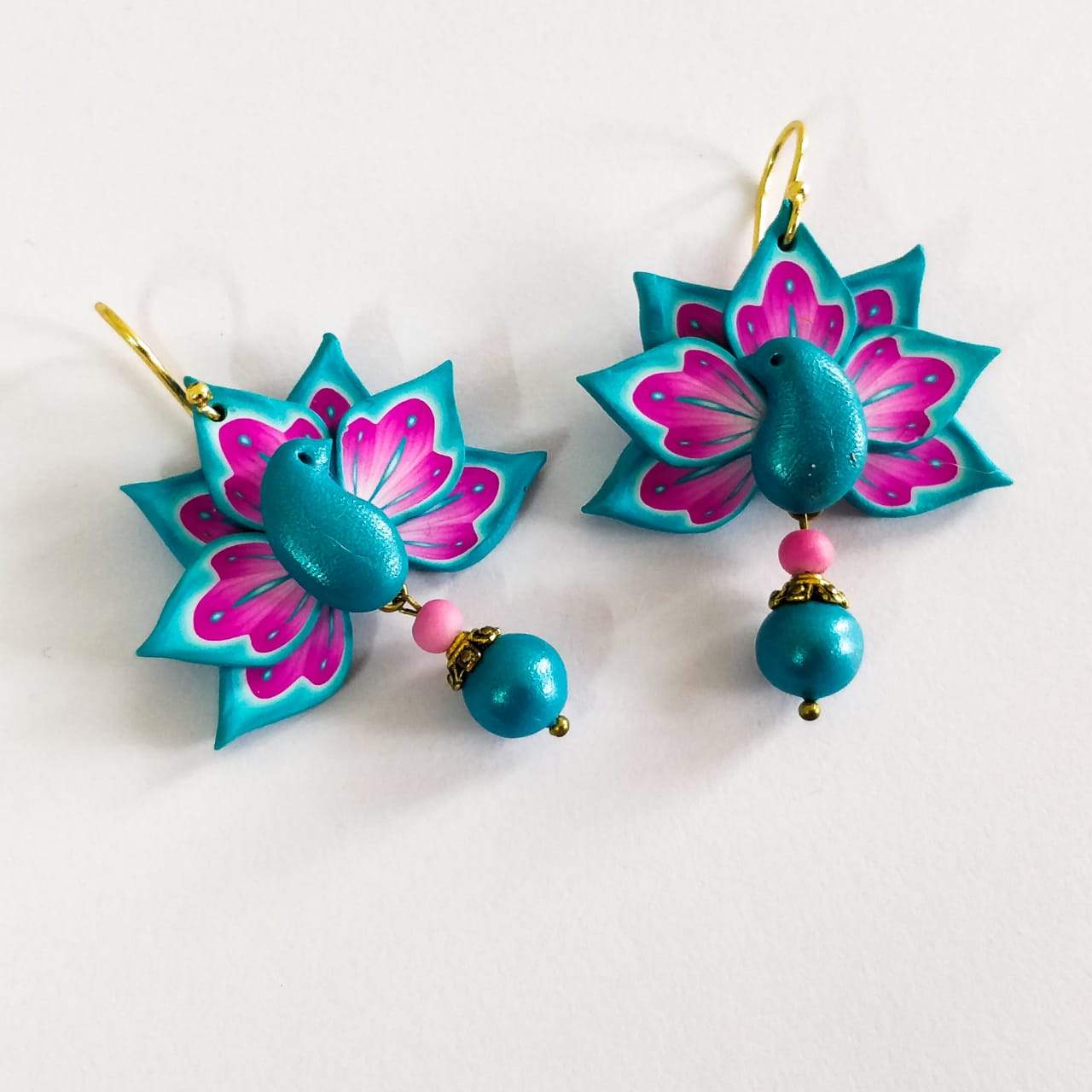 Beautiful Blue-Pink Peacock Polymer Clay Art Earrings – Fashionous