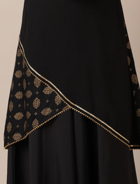 Rayon Foil Print Asymmetric Kurti for Women Black
