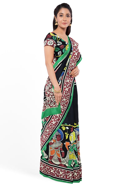 Multicoloured Dual Ganesha Hand-Painted Chennur Silk Kalamkari Saree