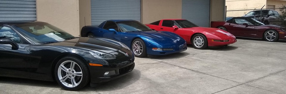 picture of corvettes in the C&S Corvettes parking lot - Corvette Parts Center