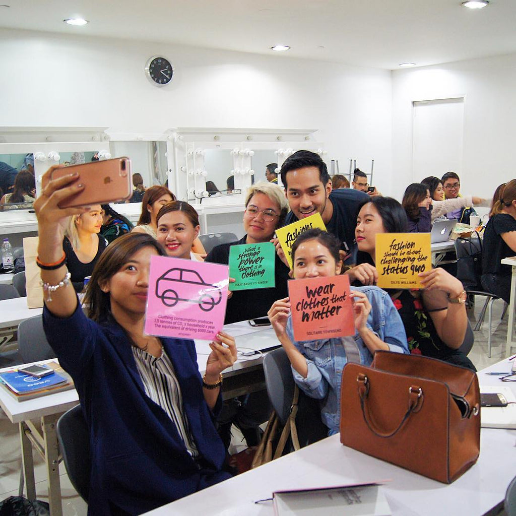 Students from SoFa Design Institute in Manila, snapping selfies and posting photos for Fashion Revolution Week!
