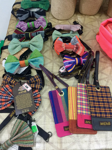 Luggage tags and bow ties made from traditional weaves at ANTHILL