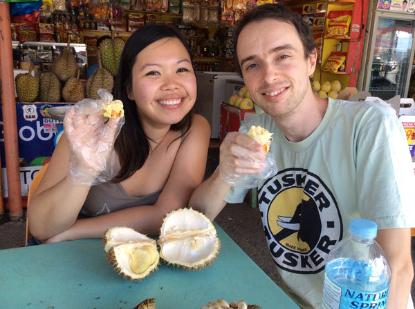 Gelaine and Jérôme eating Durian