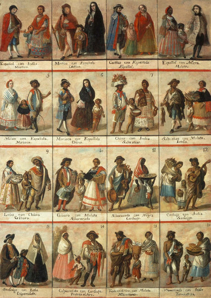 A casta oil painting from Museo Nacional del Virreinato, Mexico demonstrating the Spanish colonial system which categorizes people based on racial ancestry and appearance. Casta paintings often show numbers and text which document the inter-ethnic mixing that’s occurred. As more mixing occurs (less Spanish ancestry), the names often become more pejorative.