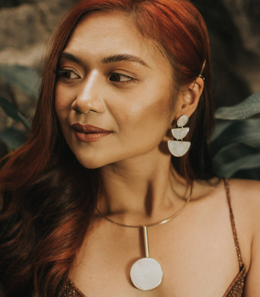 Valentina Earrings and Buwan Capiz Choker by Island Girl Philippines on Cambio & Co., handcrafted in Cebu by artisans from sustainably sourced capiz shells.