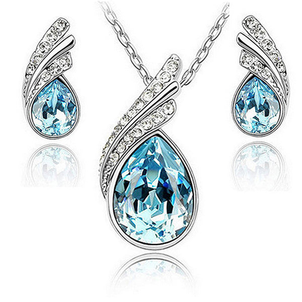 Ladies Silver Plated Waterdrop Crystal Pendant Necklace & Earring Sets 
