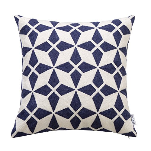 SLOW COW Embroidery Decorative Throw Pillow Cover Geometric Design Cushion Cover 18x18 Inches Navy Blue 