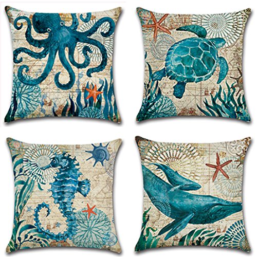 18'' Sea-fish Print Cotton Linen Pillow Case Cushion Cover Home Decor 