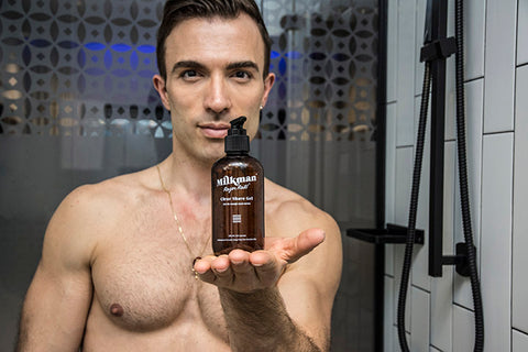 shirtless man with clear shave gel