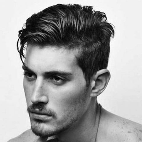 greaser style hair cut with moustache