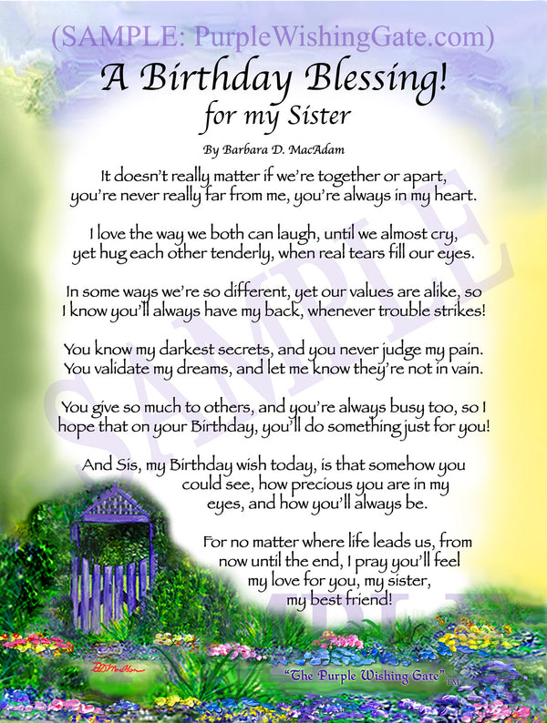 A Birthday Blessing for My Sister: Personalized, Framed Gift