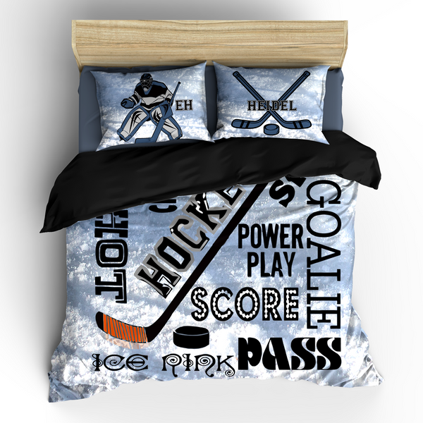 hockey goalie and words theme bedding set, duvet or comforter