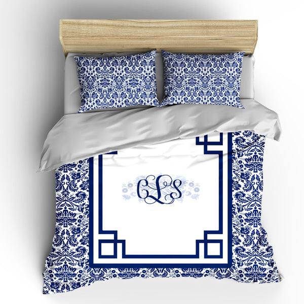 Damask And Inverted Greek Frame Designer Bedding Navy Blue And