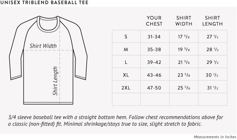 Unisex Triblend Baseball Tee Size Chart