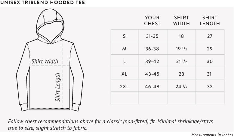 Unisex Triblend Hooded Tee Size Chart