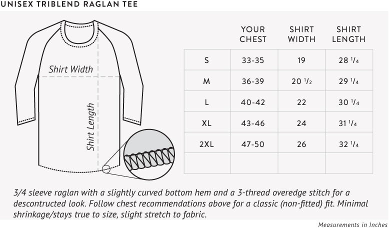 Unisex Triblend Raglan Tee Size Chart