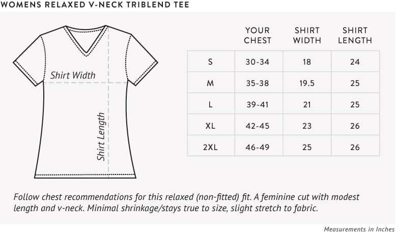 Women's Relaxed V-neck Size Chart