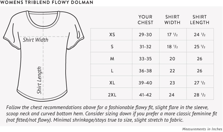 Triblend Flowy Dolman Tee Size Chart