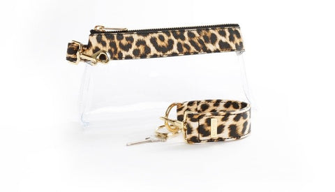 leopard keyper key ring bracelet with matching leopard trim clear purse