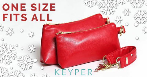 red faux leather keyper key ring bracelet with matching red clutch purse and hand bag