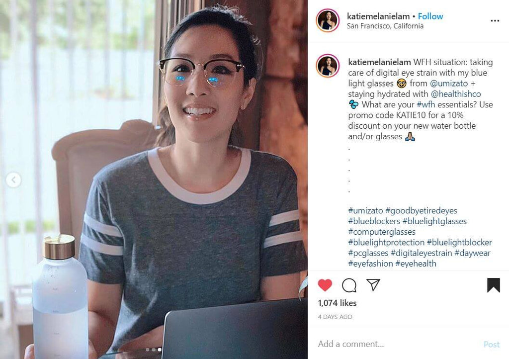 katiemelanielam uses her Umizato blue light blocking glasses while using her laptop