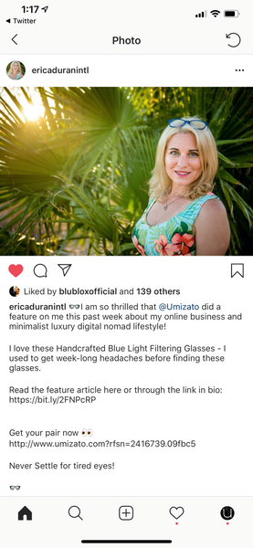 umizato customer testimonial erica duran blue light blocking pc glasses instagram