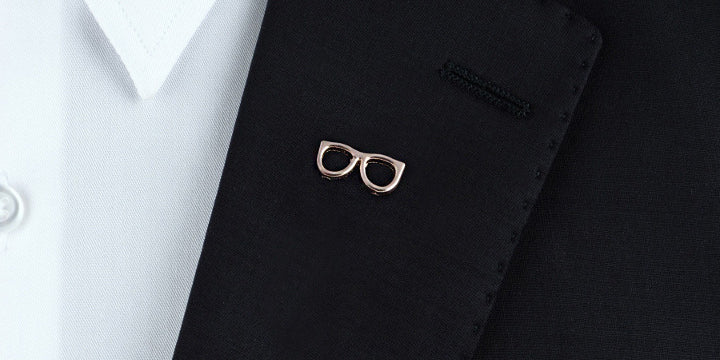 Blazer with an eyeglasses lapel pin