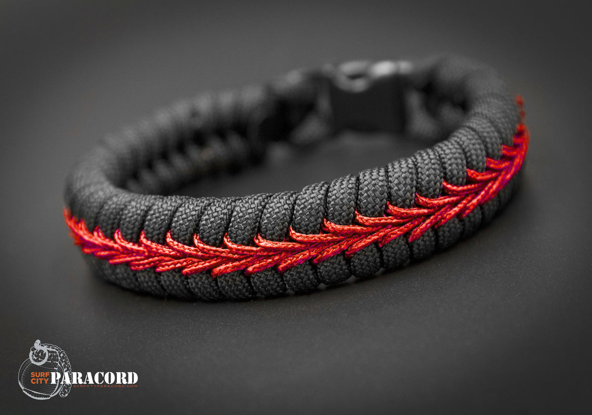 Thin Red line Fire fighter paracord bracelet with our large Fire Department emblem engraved stainless steel charm