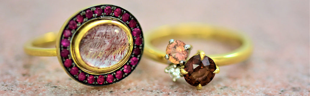 Ruby halo ring in yellow gold with diamond and tourmaline cluster ring - Christmas Gift ideas