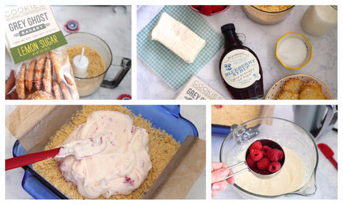 Grey Ghost Bakery No-Bake Lemon Berry Cheesecake Bars with Lemon Sugar COokie Crust and Berries and Blueberry Syrup