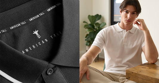 closeup of tall men's polo shirt collar. tall man seated wearing white polo shirt with khaki pants