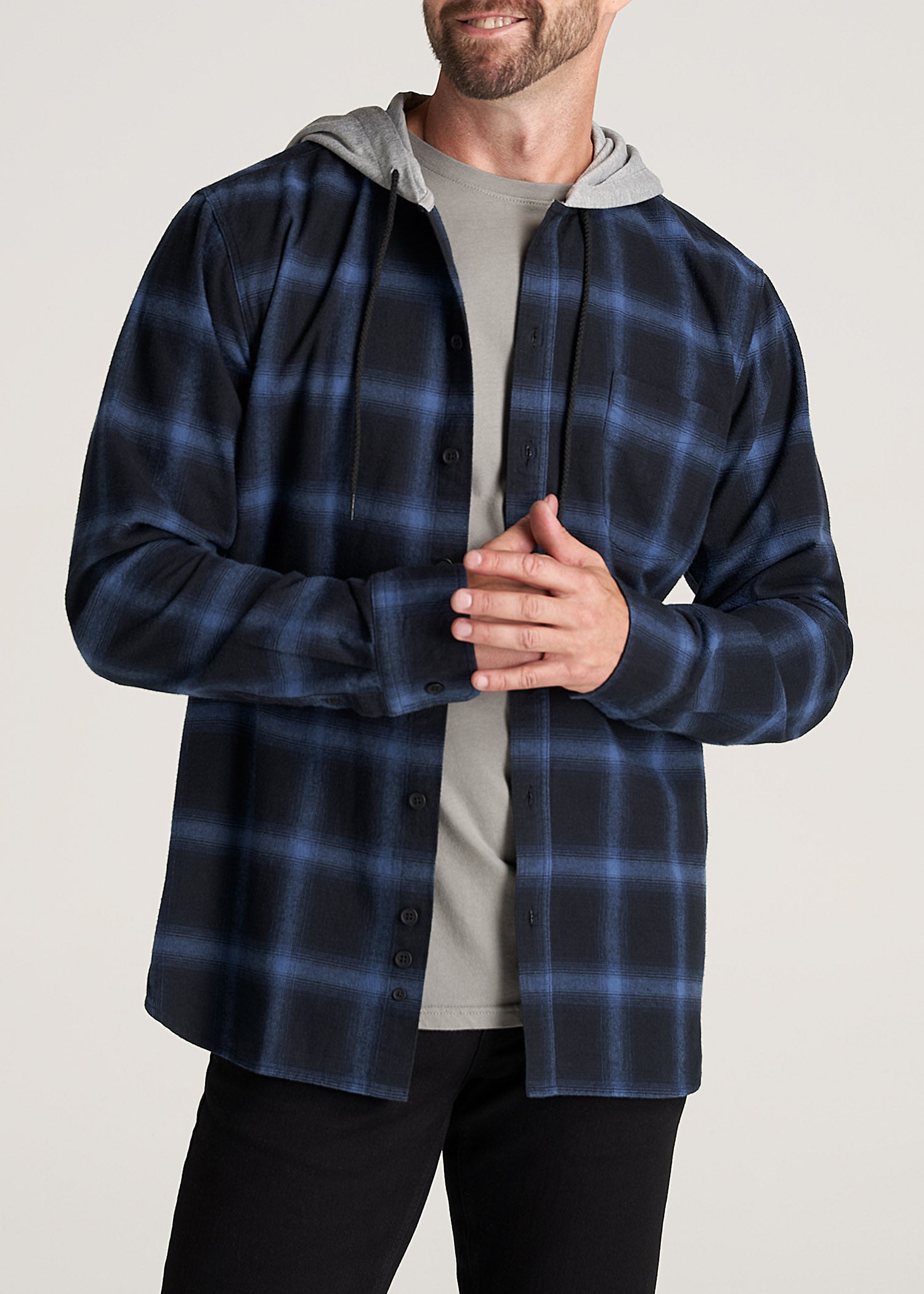 LJ&S Men's Tall Hooded Flannel Shirt in Black & Medium Blue Plaid