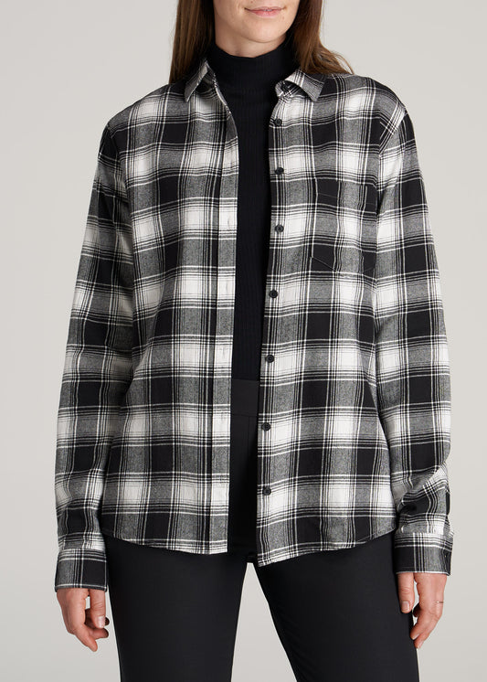     American-Tall-Women-Flannel-Button-up-Shirt-Black-White-Plaid-front