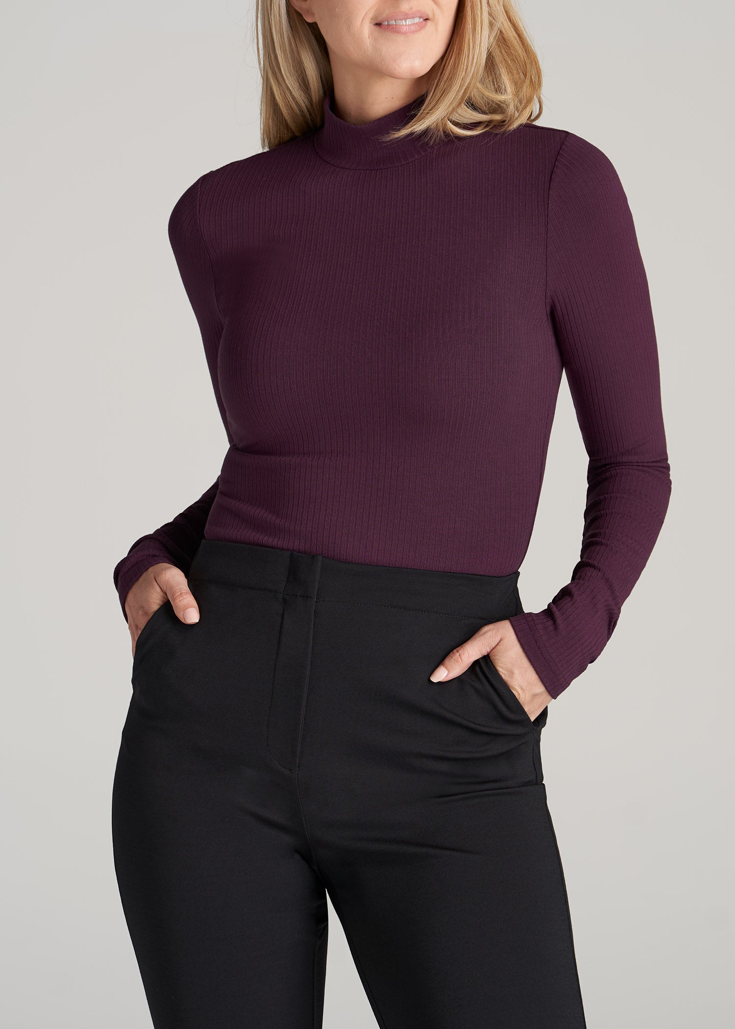 Long Sleeve Mock Neck Ribbed Top for Tall Women in Maroon