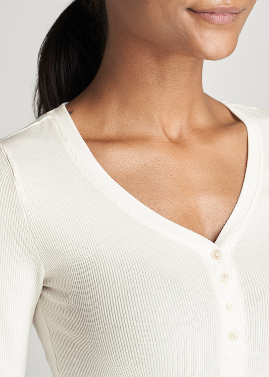 American-Tall-Women-Ribbed-LongSleeve-VNeck-Henley-Cream-detail