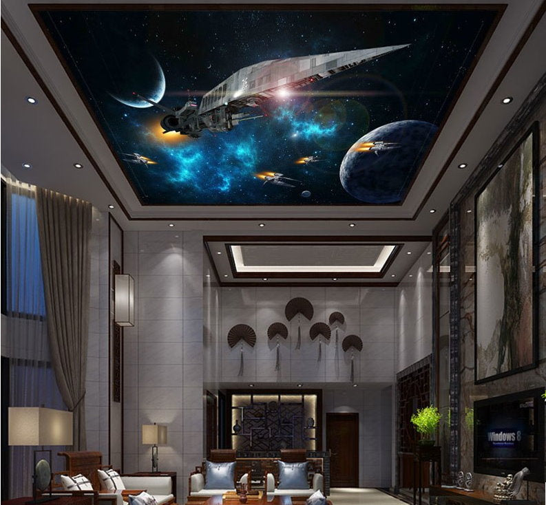 Large 3d Spacecraft And Planets Ceiling Wallpaper For Home Or