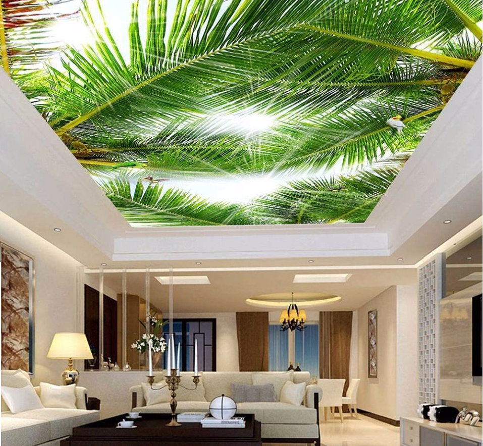 Palm Tree Leaves Tropical Birds Design Ceiling Wallpaper 3D Mural