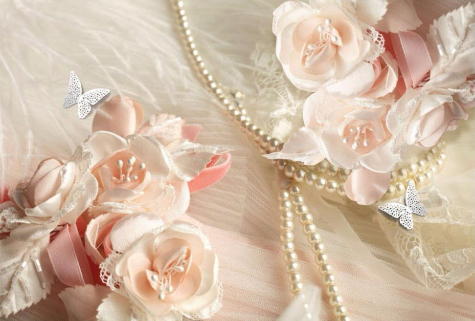 Luxurious 3D Pink Silk Flowers Pearls Lace and Butterflies Wallpaper –  