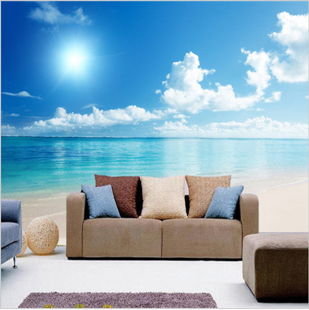 3D Calm Ocean Beach Blue Sky Wallpaper Mural Wall Art ...